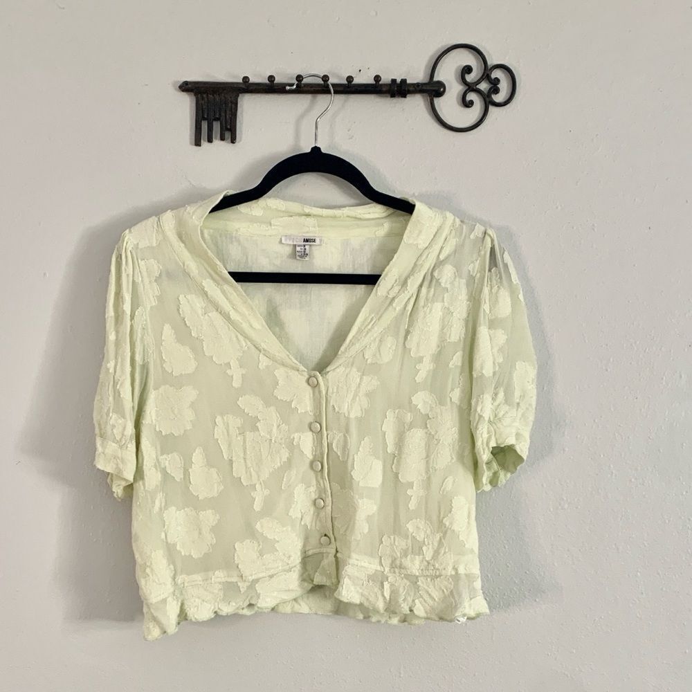Amuse Cropped Button Front Blouse Medium Sage Green Floral Cottagecore Top